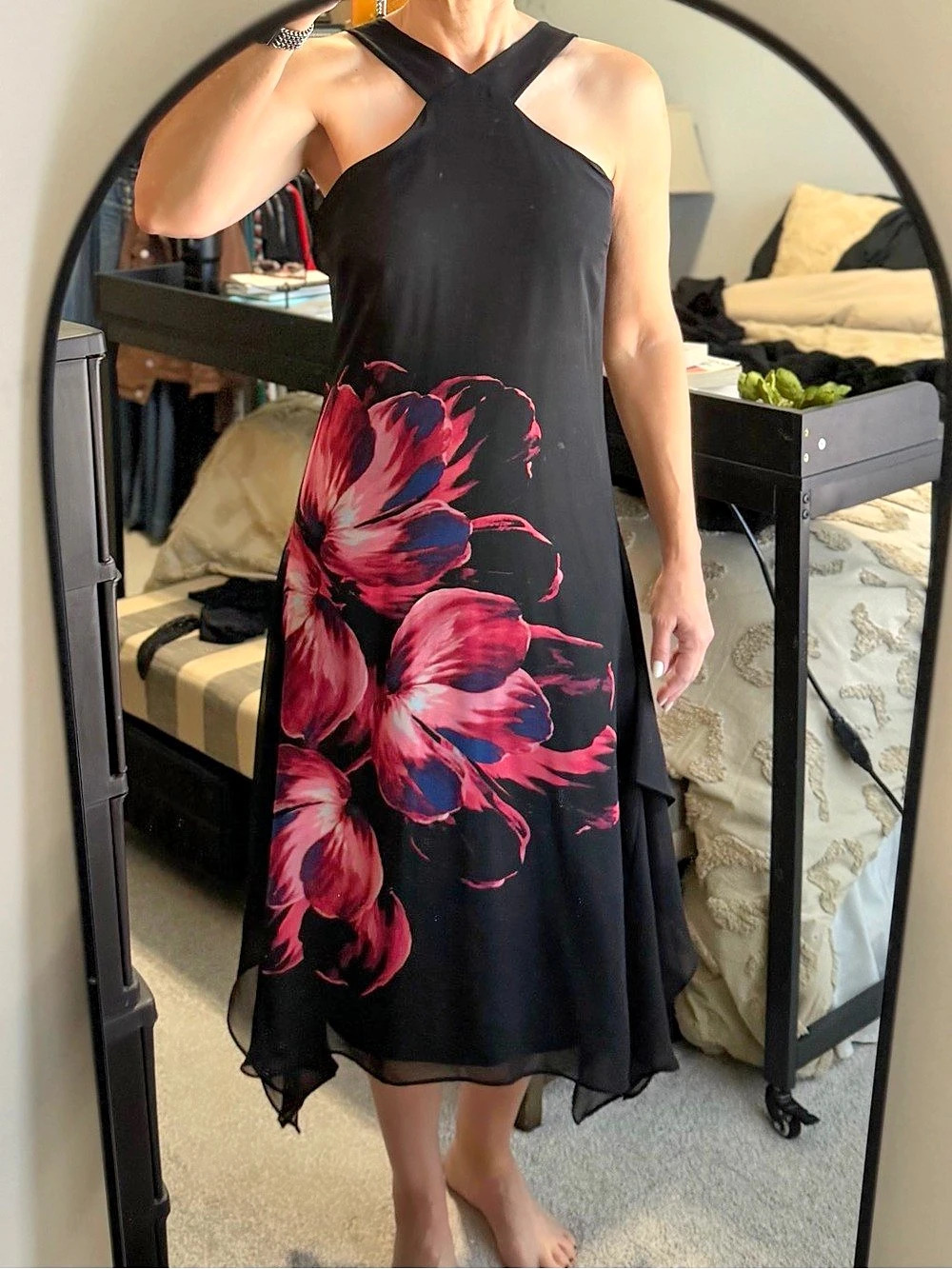 Jennifer Lopez Floral Midi Dress in Black & Pink Size Small